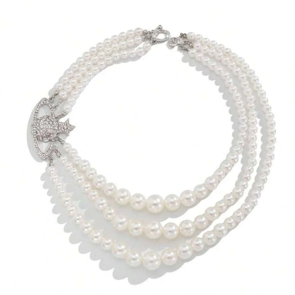 Pearl Multi-Strand Necklace with Crystal Orb Accent - White